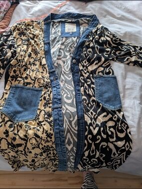 Mixed Print Denim-Trim Kimono Jacket - Black & Cream